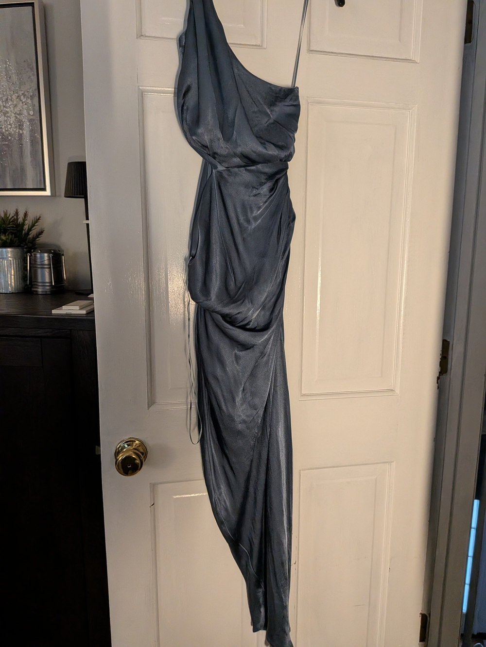 Astr One-Shoulder Draped Slate Blue Evening Gown
